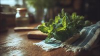 Fresh mint leaves on wooden cutting board with blue striped kitchen towel, creating rustic culinary atmosphere for cooking and food preparation.