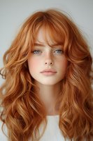 Young woman with natural ginger wavy hair, blue eyes and freckles looking at camera. Soft beauty portrait on light background for cosmetic and haircare advertising.