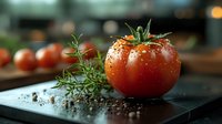 Fresh ripe tomato with water drops, coarse sea salt and aromatic herbs on dark slate board, macro food photography in natural light. Restaurant setting.