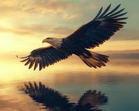 Majestic bald eagle soaring over calm water at sunset, wings spread wide against golden sky, casting reflection on mirror-like surface below.