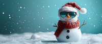 Cool snowman wearing sunglasses, red Santa hat and knitted scarf standing in snow during winter snowfall against turquoise background. Holiday season concept.
