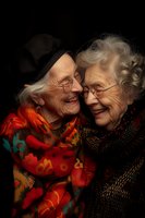 Two elderly Caucasian women with silver hair and glasses share a joyful moment, laughing together against dark background. One wears vibrant floral print, other in dark shawl.