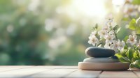 Zen stones stacked on wooden surface with white cherry blossom branch and soft bokeh background creating peaceful spa atmosphere for wellness and meditation.