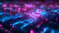 Glowing circuit board pattern with neon pink and blue lights creating futuristic technology background with depth of field effect and bokeh elements.