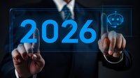 Professional businessman in dark suit touching futuristic holographic display showing year 2026 and AI robot icon on black background, digital transformation concept.