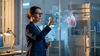 Professional businesswoman in suit interacting with holographic heart display in modern medical office, healthcare technology innovation concept.