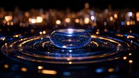 Mesmerizing water drop splash creating concentric ripples on dark surface with bokeh lights background, captured in macro photography with blue reflection.