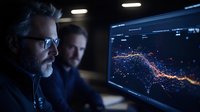 Mature businessman analyzing financial data visualization on screen in dark office, focused on market trends and statistical analysis in blue light.