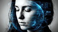 Young woman with closed eyes surrounded by glowing blue digital circuit patterns and data streams representing artificial intelligence and technology integration.