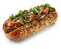Gourmet hot dog in sesame seed bun topped with fresh arugula, sliced tomatoes and mixed seeds on white background, isolated food photography.