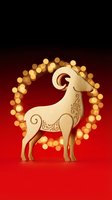 Wooden goat silhouette with ornamental scrollwork details surrounded by golden bokeh lights on red background, suitable for holiday cards and festive designs.