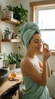 Young Caucasian woman in towel applying honey face mask with cucumber slice in cozy green bathroom, home spa skincare routine.