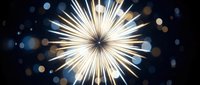 Brilliant starburst explosion with radiant light rays emanating from center against dark background with colorful bokeh lights for celebration designs.
