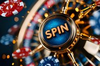 Glowing spin button with golden metallic details surrounded by red and blue casino chips against blurred bokeh lights background for gambling concepts.