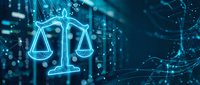 Digital justice scales glowing in cyan blue with network connections and data streams representing legal technology and cyber law enforcement.