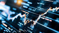 Financial market data visualization showing dynamic stock price chart with candlestick patterns and trading indicators on dark background for investment analysis.