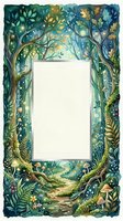Enchanted forest frame with mystical trees, glowing lights, and woodland path surrounding blank space for text or design elements.