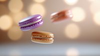 Colorful macarons falling through air with warm bokeh lights creating dreamy bakery atmosphere for culinary and dessert marketing materials.