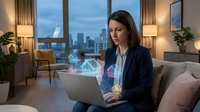 Professional businesswoman working on laptop with holographic data visualization in modern apartment overlooking city skyline at evening.
