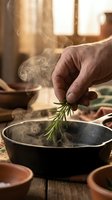 Senior male hand adding fresh rosemary to steaming cast iron skillet in rustic kitchen setting with warm natural light, suitable for cooking blogs and culinary content.