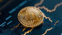 Golden cryptocurrency coin on digital market chart background showing price movement and trading analysis for financial investment concept.