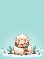 Cute sheep wearing festive knitted scarf surrounded by snowflakes, evergreen branches and berries on snowy ground against light blue winter background for holiday greeting cards and seasonal designs.