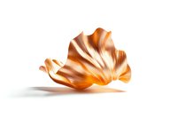 Elegant copper-colored metallic leaf sculpture with flowing curves and ripples isolated on white background, showcasing modern minimalist design aesthetic.