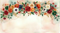 Watercolor floral arrangement with red, orange, and cream roses, white daisies, and green foliage on soft beige background. Suitable for wedding invitations and greeting cards.