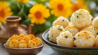 Traditional Indian sweets coconut laddu and besan ladoo served on ceramic plates with marigold flowers and clay pot creating festive celebration atmosphere.
