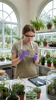Young female botanist examining plant specimen in greenhouse laboratory with protective gloves and safety glasses surrounded by potted plants and research equipment.