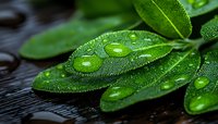 Fresh green leaves with morning dew drops creating natural water beads on surface, macro photography showing intricate details and reflections on dark background.