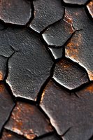 Cracked dark metal surface with rust showing through fissures in dramatic macro photography, revealing abstract geometric patterns and textural detail.
