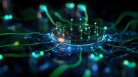 Futuristic microchip processor with glowing green and blue circuit patterns on dark background for technology and computing concepts.