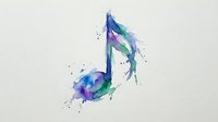 Watercolor musical note in blue, purple, and green tones with splashing paint effects on white background, isolated for design use.