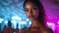 Young African American woman with curly hair in neon lighting, dramatic portrait with blue and pink illumination against blurred nightclub background. Confident expression.