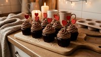 Chocolate cupcakes with heart toppers and candles on wooden board create romantic Valentine's Day dessert display in cozy kitchen setting.