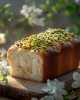 Fresh baked milk bread loaf topped with pumpkin seeds on wooden board surrounded by white spring blossoms, soft natural lighting creates cozy atmosphere.