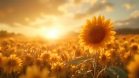 Vibrant sunflower standing tall in golden field at sunset, warm sunlight creating dreamy atmosphere across vast summer landscape.