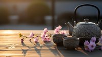 Traditional cast iron teapot with matching cup on wooden surface decorated with delicate pink cherry blossoms in warm golden sunlight for tea ceremony.