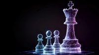 Crystal clear glass chess pieces with glowing blue and purple lighting effects on dark background for strategic business concepts and leadership themes.