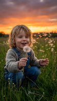 Young toddler with blonde curly hair, Caucasian ethnicity, wearing denim overalls and gray cardigan, joyfully holding dandelion in meadow at golden sunset. Lifestyle portrait.