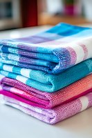 Stack of colorful striped kitchen towels with vibrant blue, purple, pink and white patterns folded neatly on wooden surface for home decor and cooking.