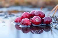 Fresh ripe cranberries with water drops on reflective surface in soft focus. Natural organic berries macro photography with bokeh background.