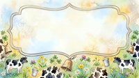 Watercolor farm frame with cows, bells, milk buckets, and wildflowers on a soft pastel background, ready for text or design use.