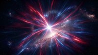 Bright starburst explosion with radiating red and blue light rays emanating from central white core against dark cosmic space background with scattered stars and nebula effects.