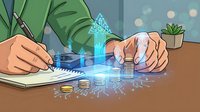 Business professional analyzing financial data with holographic charts and light bulb representing innovative investment strategies and growth planning.
