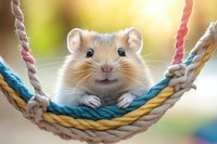 Adorable dwarf hamster relaxing in colorful rope hammock against blurred natural background, showing cute facial expression and tiny paws. Perfect for pet care themes.