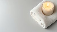 Glowing aromatic candle on rolled white spa towel against light background, creating peaceful spa atmosphere for wellness and relaxation concepts.