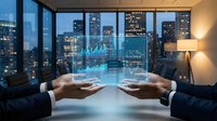 Businesspeople analyzing financial data with holographic stock market charts above table in modern office with city skyline view at night for investment and trading concepts.