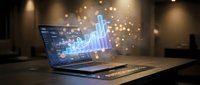 Modern laptop displaying holographic financial data charts and graphs with glowing blue analytics projecting from screen in contemporary office setting.